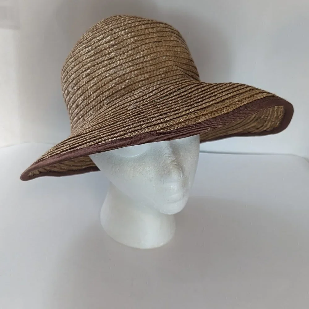 Vintage Liz Claiborne Straw Hat, High Low Brown Fabric Trim‎ Sun Beach - Picture 8 of 9